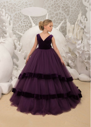 Deep Purple Velvet Tulle V Back Flower Girl Dress